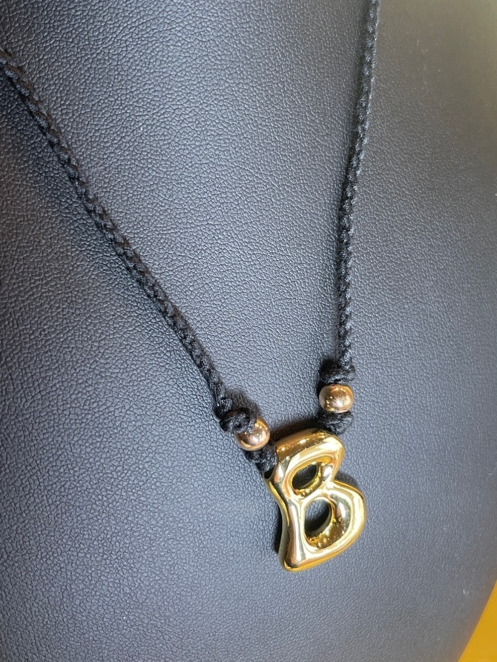 Gold 'B' Initial Necklace on Black Cord - adjustable necklace - Picture 3 of 7